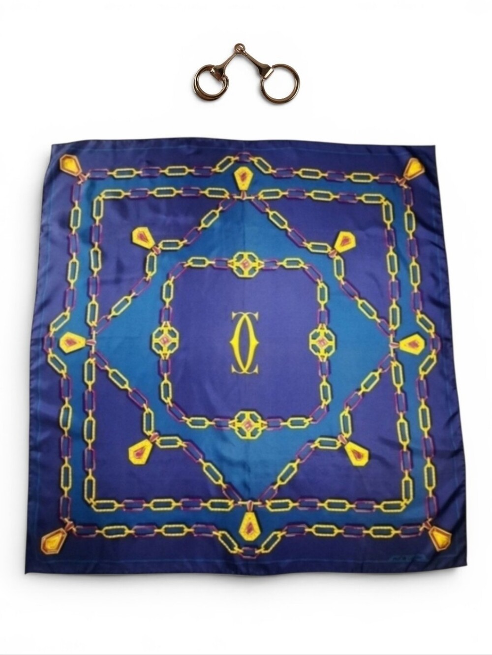Pristine CARTIER Silk Twill Scarf 90cm Blue Square 35" + Horsebit Scarf Ring
